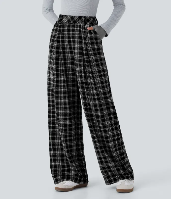 Halara Pantalón tiro alto bolsillo lateral pierna ancha estampado pata gallo - Black Tartan Plaid - M(petite) made by Halara