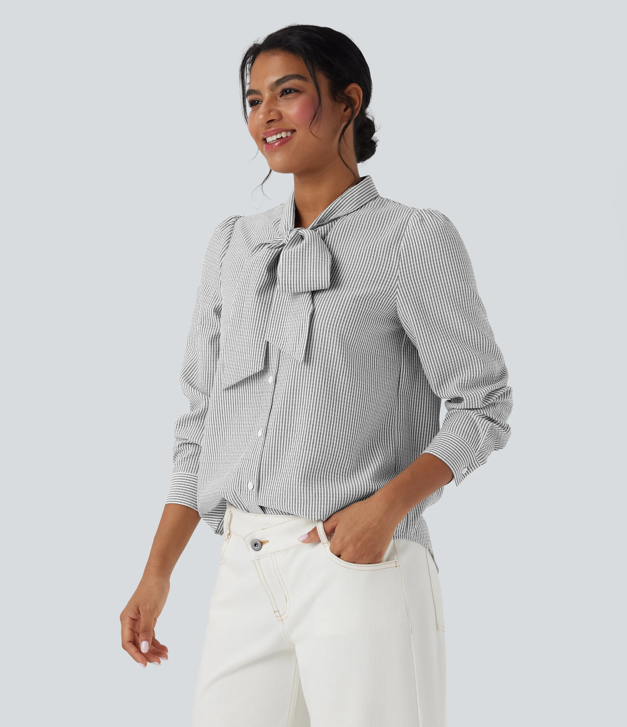 Halara Camisa casual a rayas de manga larga con lazo frontal - Light Black White Stripe - S sold by Halara product image thumbnail 4