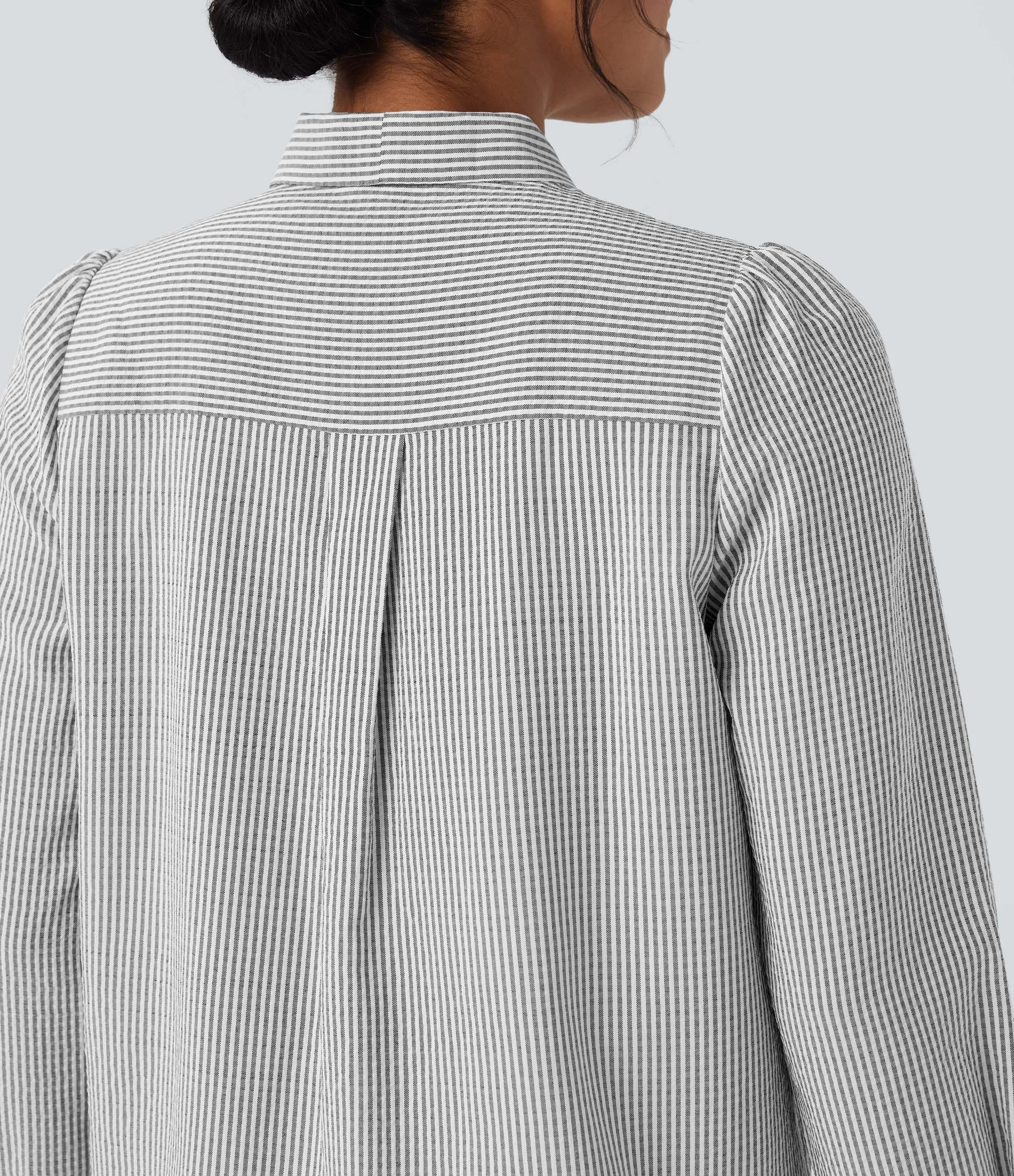 Halara Camisa casual a rayas de manga larga con lazo frontal - Light Black White Stripe - S sold by Halara product image thumbnail 5