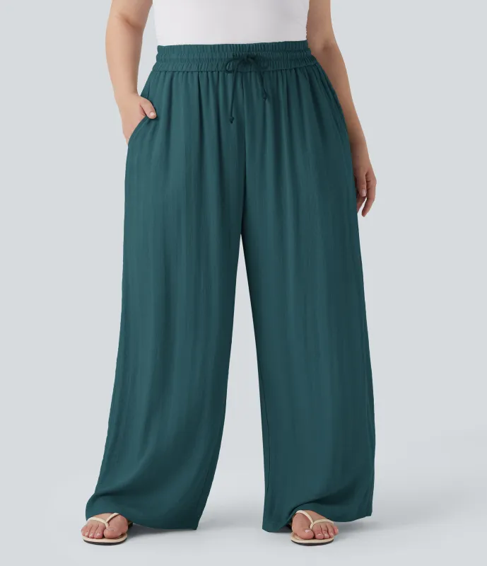 Halara Pantalón lino tiro alto cordón ajustable pierna ancha bolsillo talla grande - Atlantic Deep - 2X(petite) made by Halara