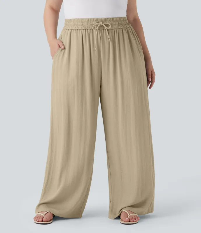 Halara Pantalón lino tiro alto cordón ajustable pierna ancha bolsillo talla grande - Fields of Rye - 1X(petite) made by Halara