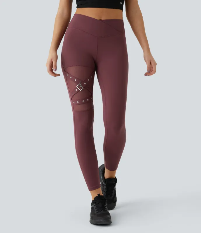 Halara Leggings yoga hebilla decorativa malla contrastante cruzada tiro alto - Red Mahogany - L(7/8) made by Halara