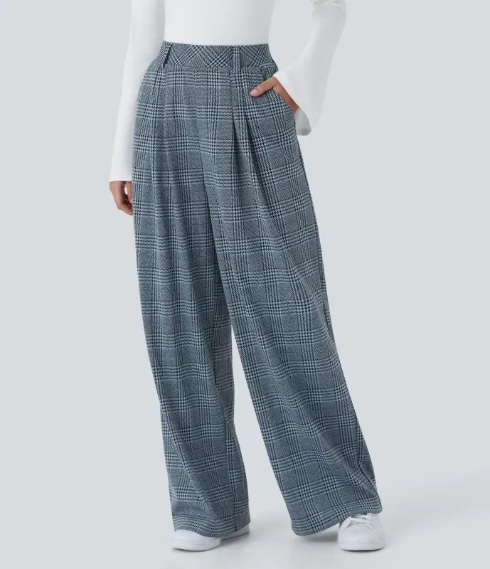 Halara Pantalón tiro alto bolsillo lateral pierna ancha estampado pata gallo - Grey Houndstooth Plaid - XS(petite) made by Halara
