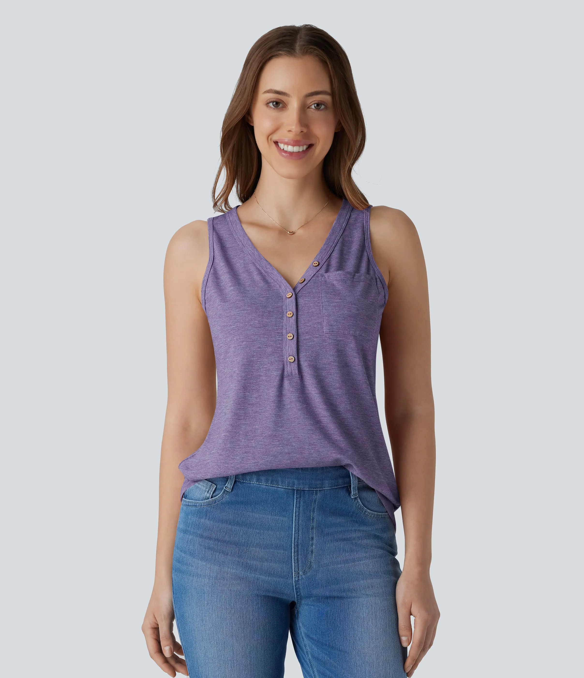 Halara Blusa sin mangas cuello V botón decorativo - Light Purple Floral Yarn - M sold by Halara product image thumbnail 2