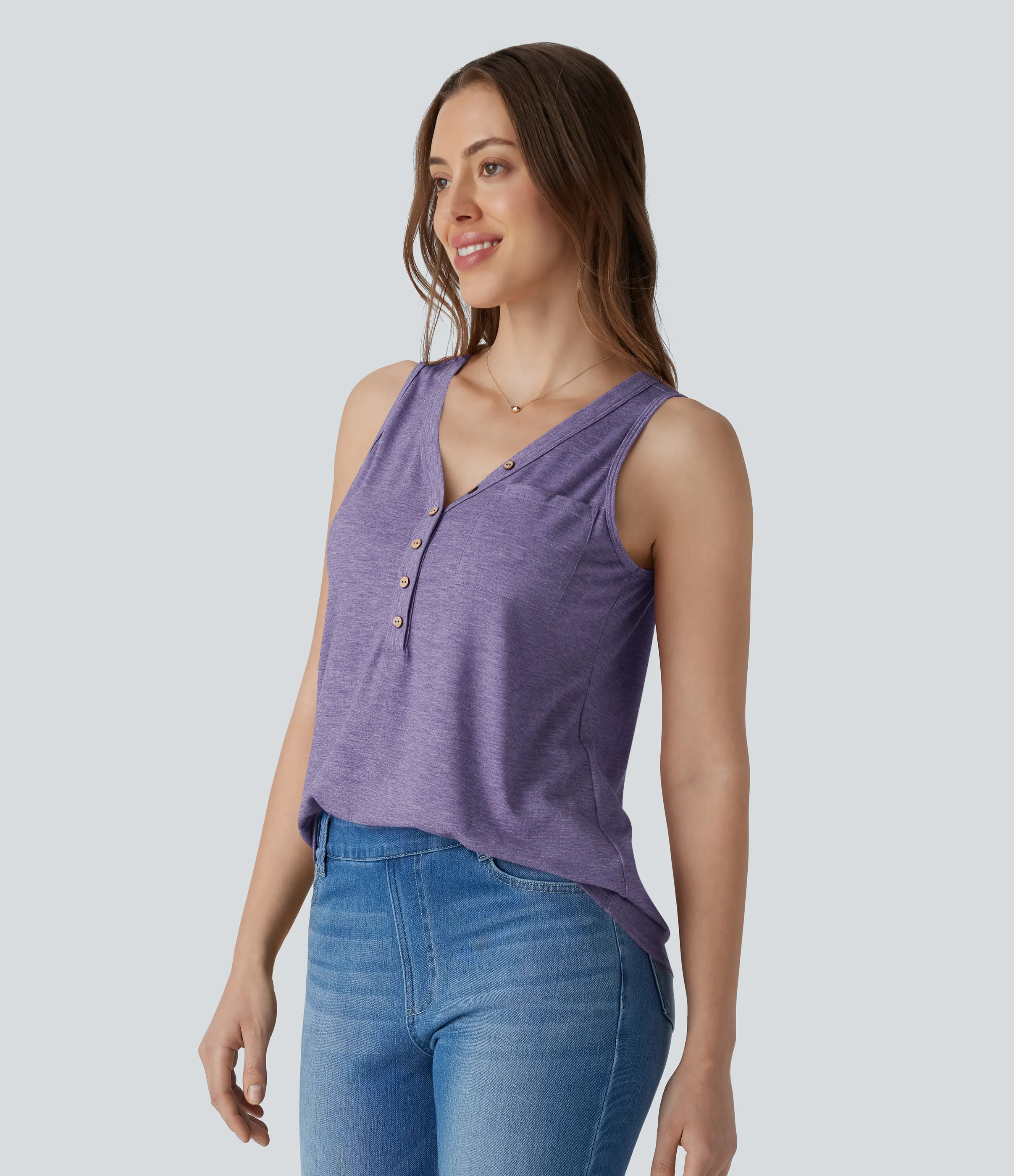 Halara Blusa sin mangas cuello V botón decorativo - Light Purple Floral Yarn - M sold by Halara product image thumbnail 4