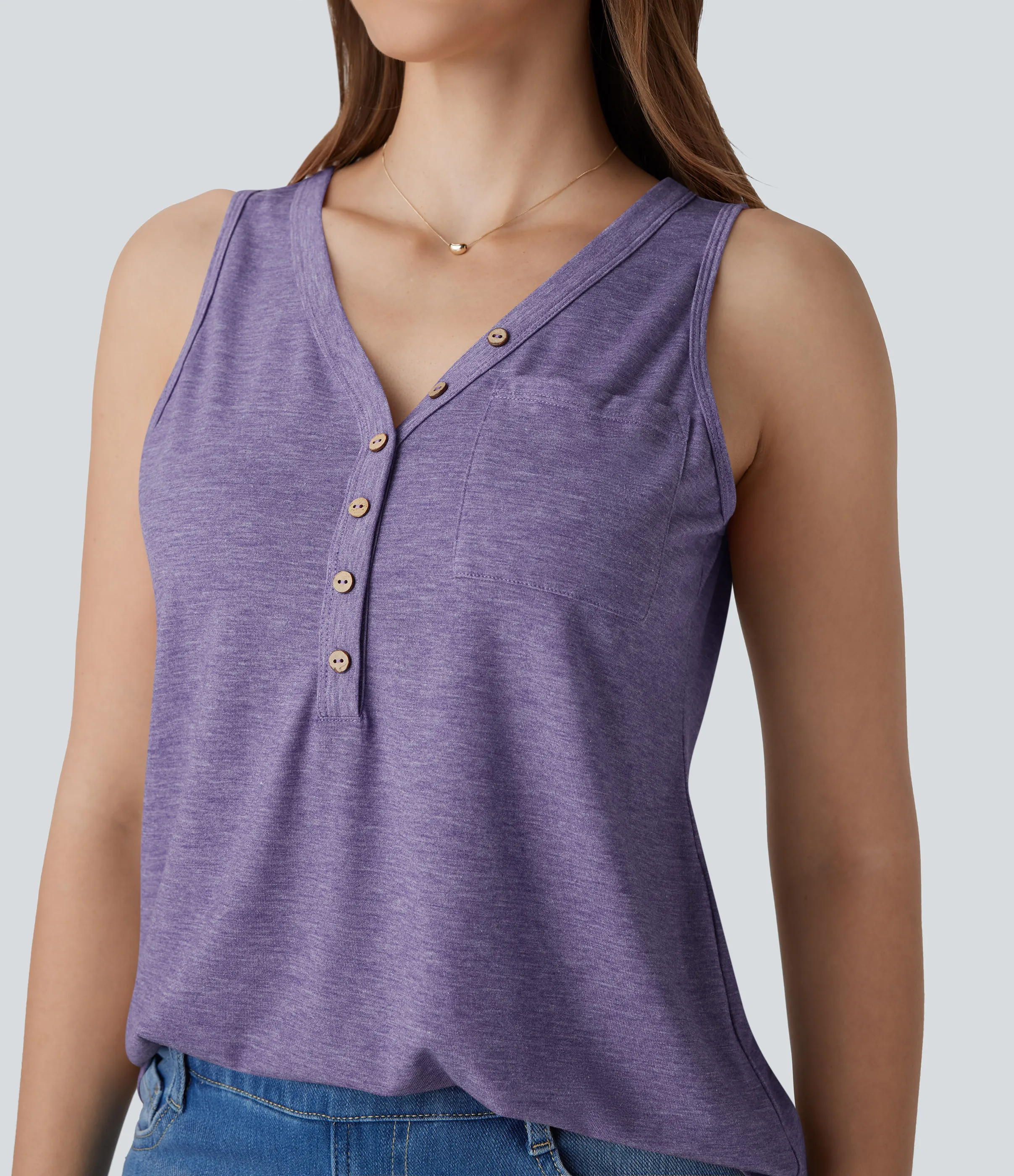 Halara Blusa sin mangas cuello V botón decorativo - Light Purple Floral Yarn - M sold by Halara product image thumbnail 5