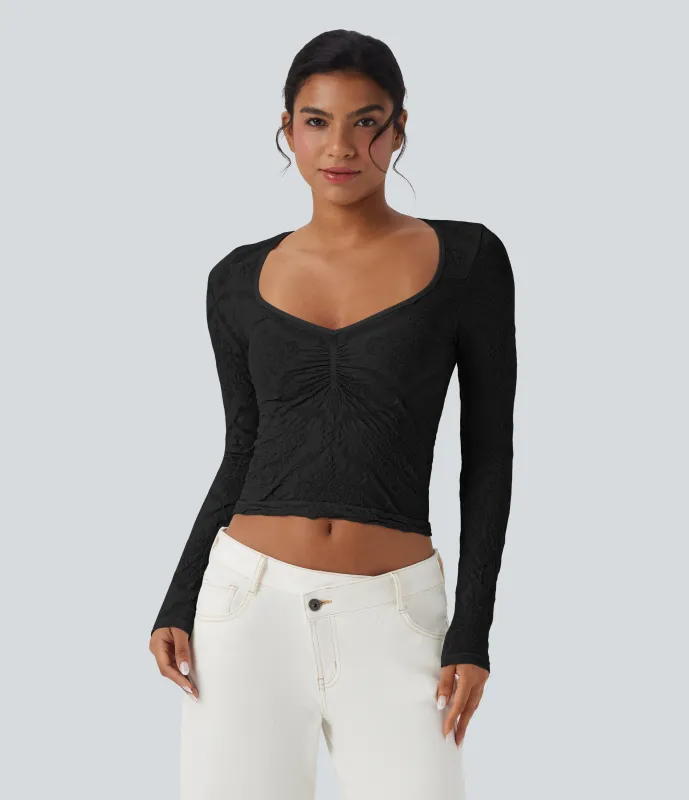 Halara Top deportivo casual jacquard de manga larga con escote en forma de corazón sin costuras - Black - XS made by Halara