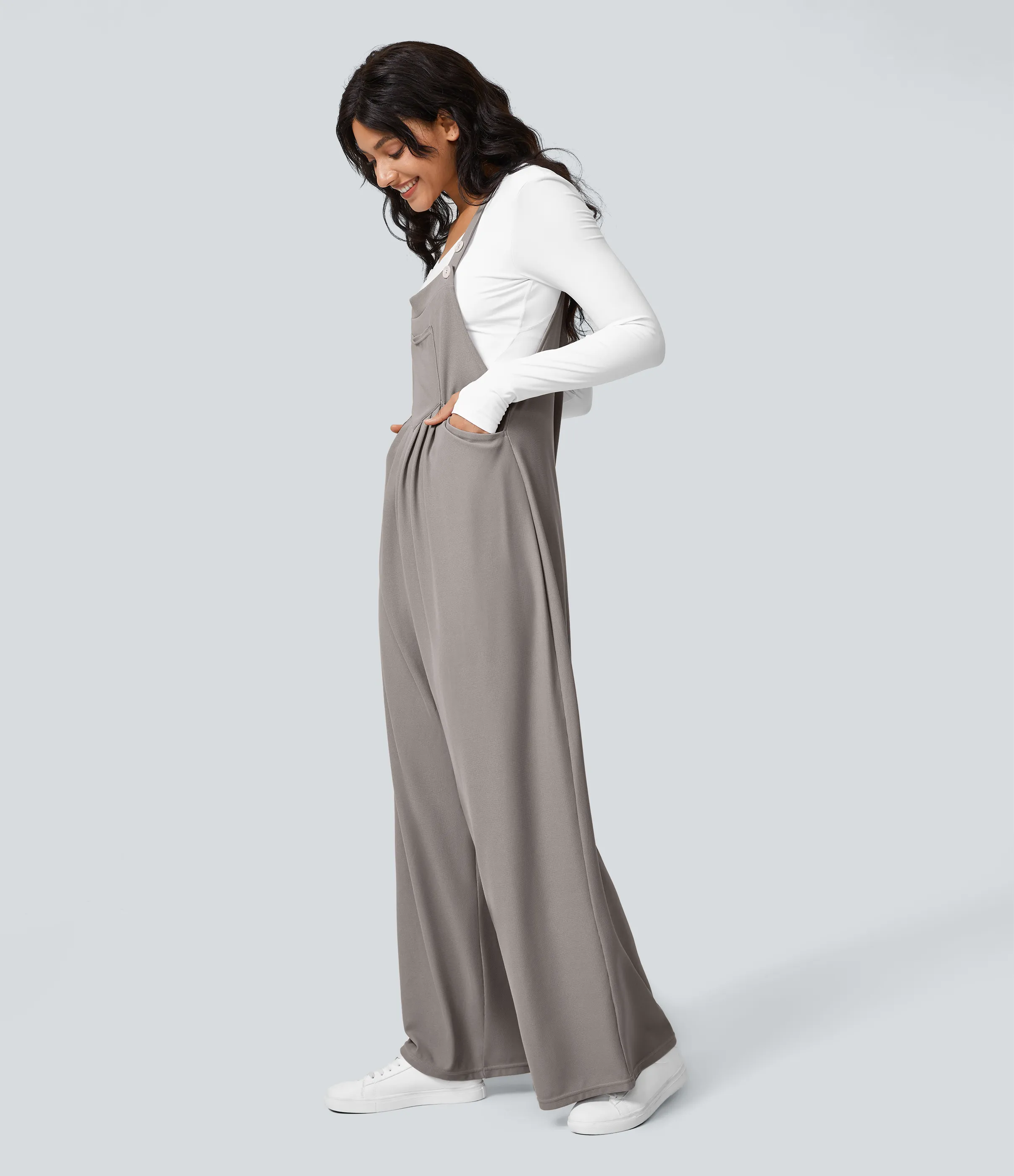 Halara Overol botón correa ajustable bolsillo múltiple gofre plisado - Mink Ash - M(regular) sold by Halara product image thumbnail 5