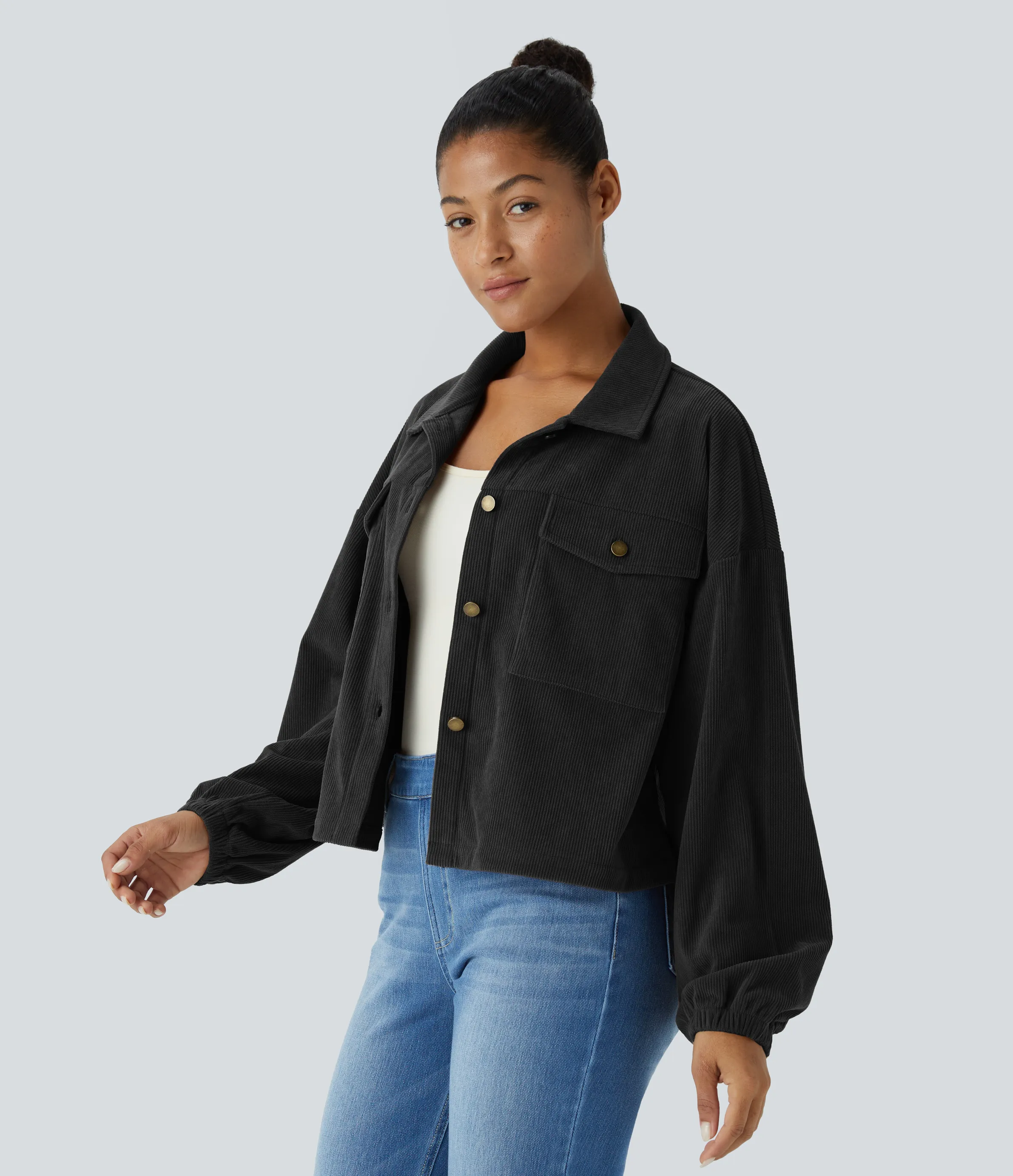 Halara Chaqueta pana cuello botón manga larga bolsillo pecho - Black - L sold by Halara product image thumbnail 4