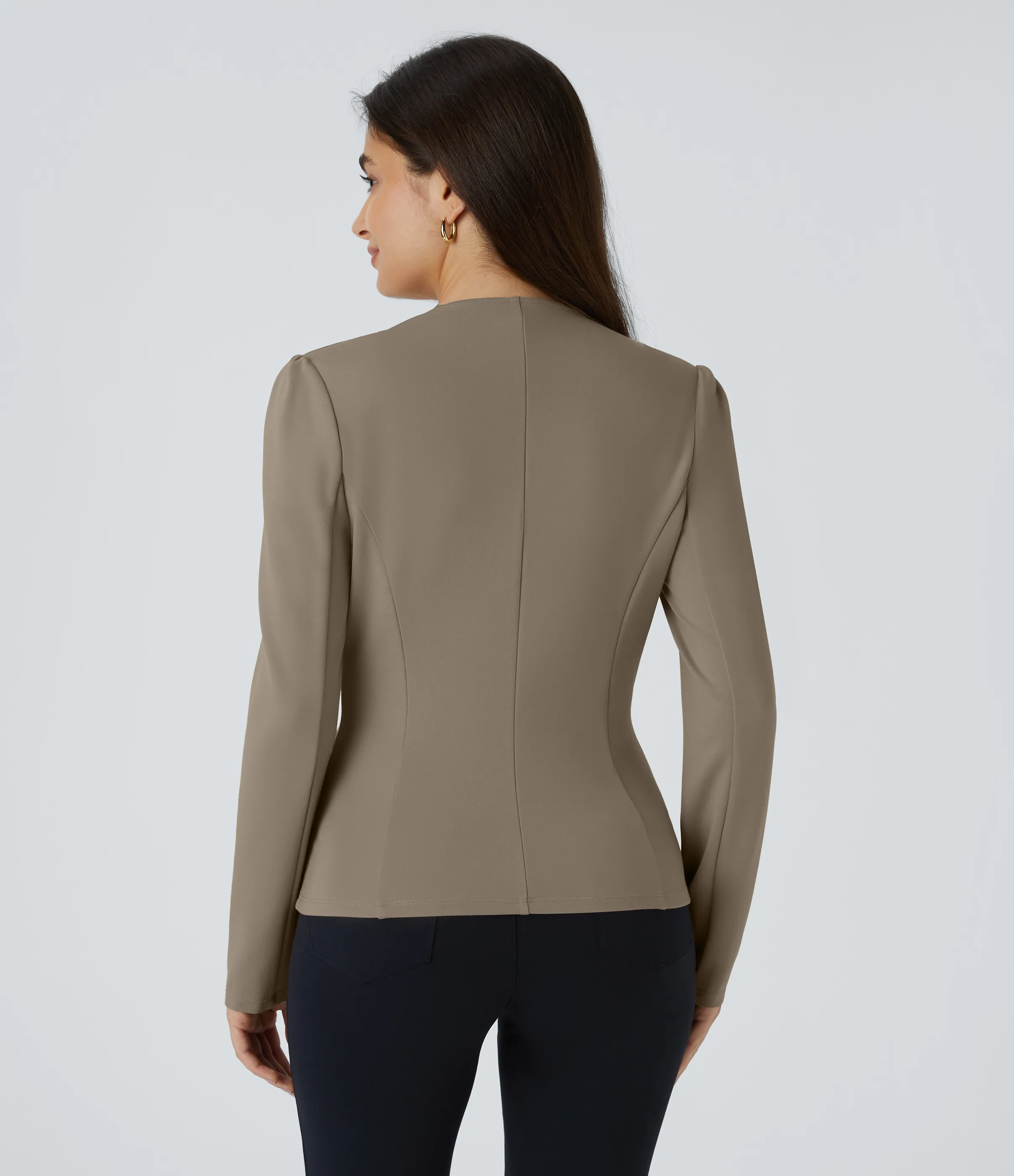 Halara Chaqueta oficina ajustada botón decorativo manga larga cuello redondo - Birch Brown - S sold by Halara product image thumbnail 3