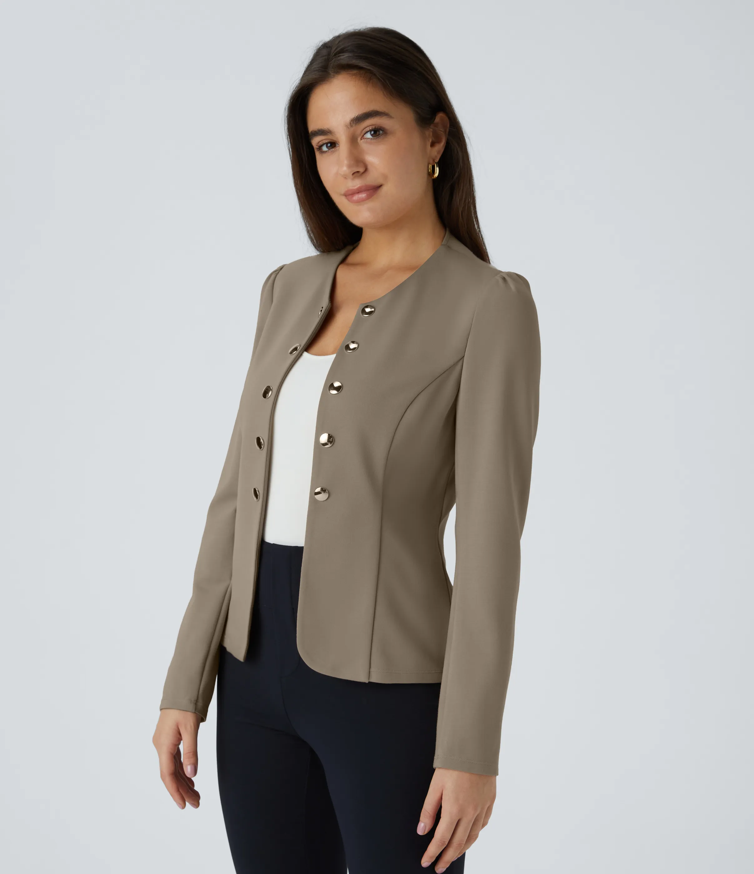 Halara Chaqueta oficina ajustada botón decorativo manga larga cuello redondo - Birch Brown - S sold by Halara product image thumbnail 4