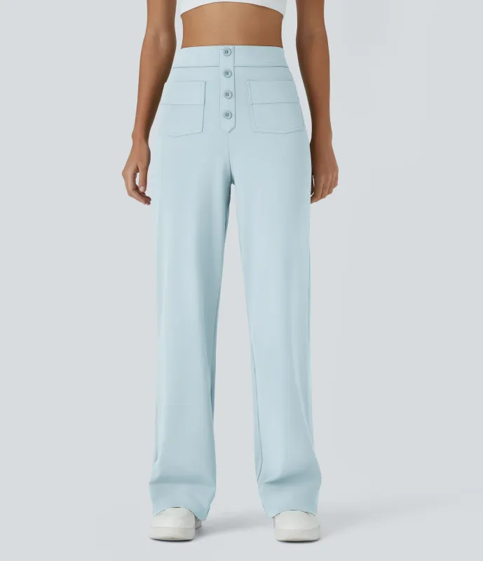 Halara Pantalones pierna recta múltiple bolsillo botón tiro alto - Cloud Shore - XL(extall) made by Halara