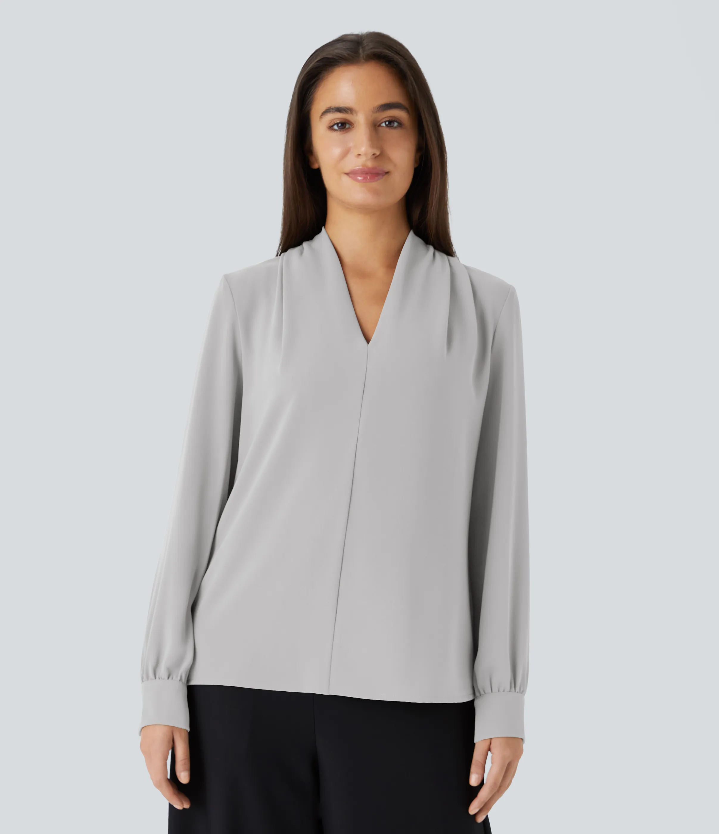 Halara Blusa oficina plisada manga larga cuello V - Oyster Mushroom - L sold by Halara product image thumbnail 5