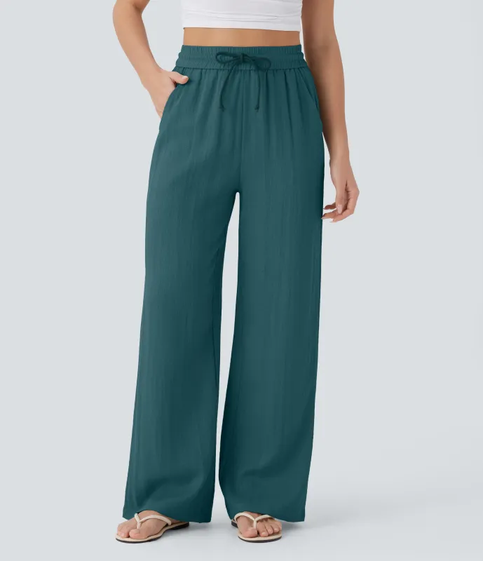 Halara Pantalón lino tiro alto cordón ajustable bolsillo lateral pierna ancha - Atlantic Deep - S(extall) made by Halara