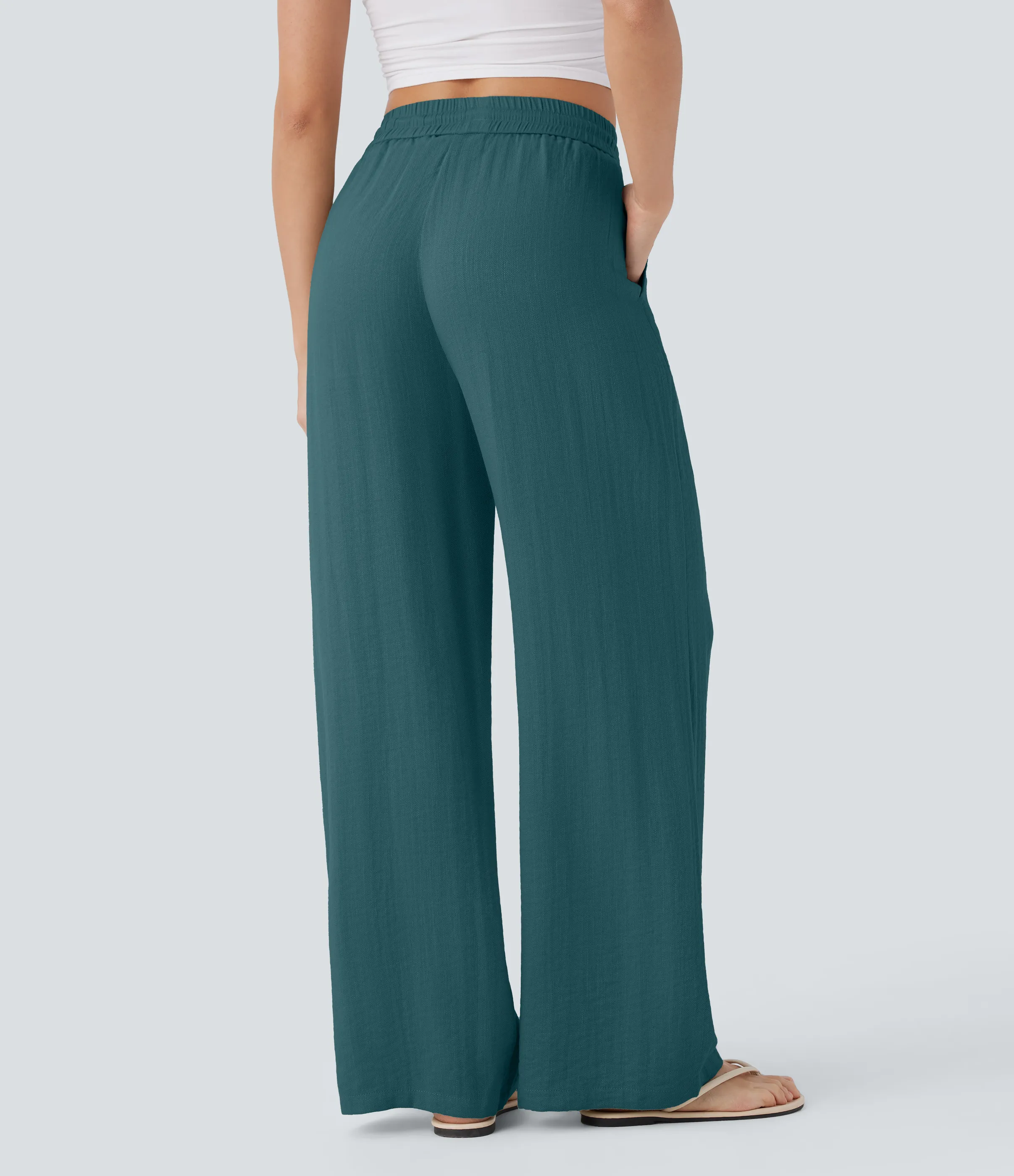 Halara Pantalón lino tiro alto cordón ajustable bolsillo lateral pierna ancha - Atlantic Deep - S(extall) sold by Halara product image thumbnail 3