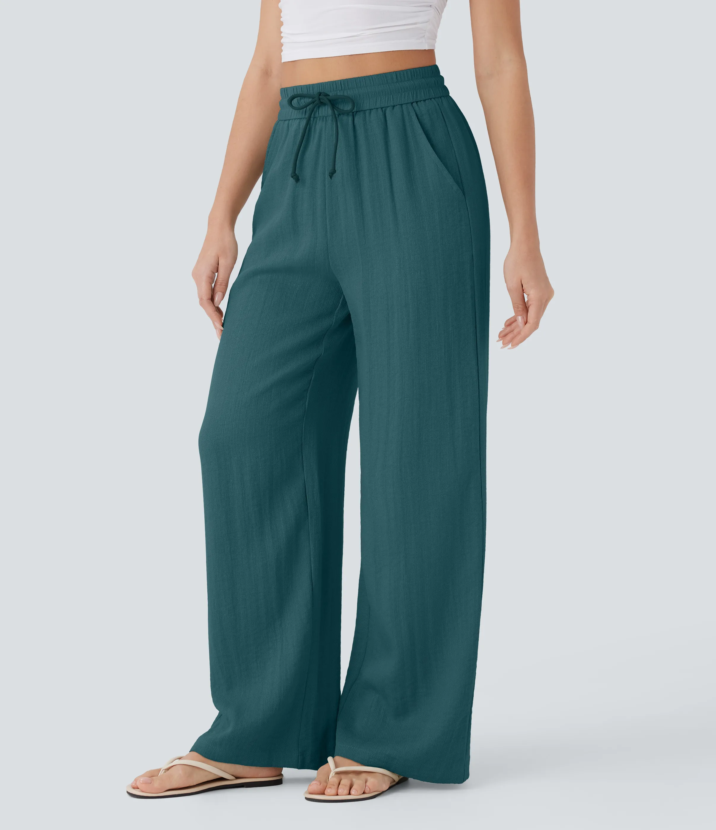 Halara Pantalón lino tiro alto cordón ajustable bolsillo lateral pierna ancha - Atlantic Deep - S(extall) sold by Halara product image thumbnail 4