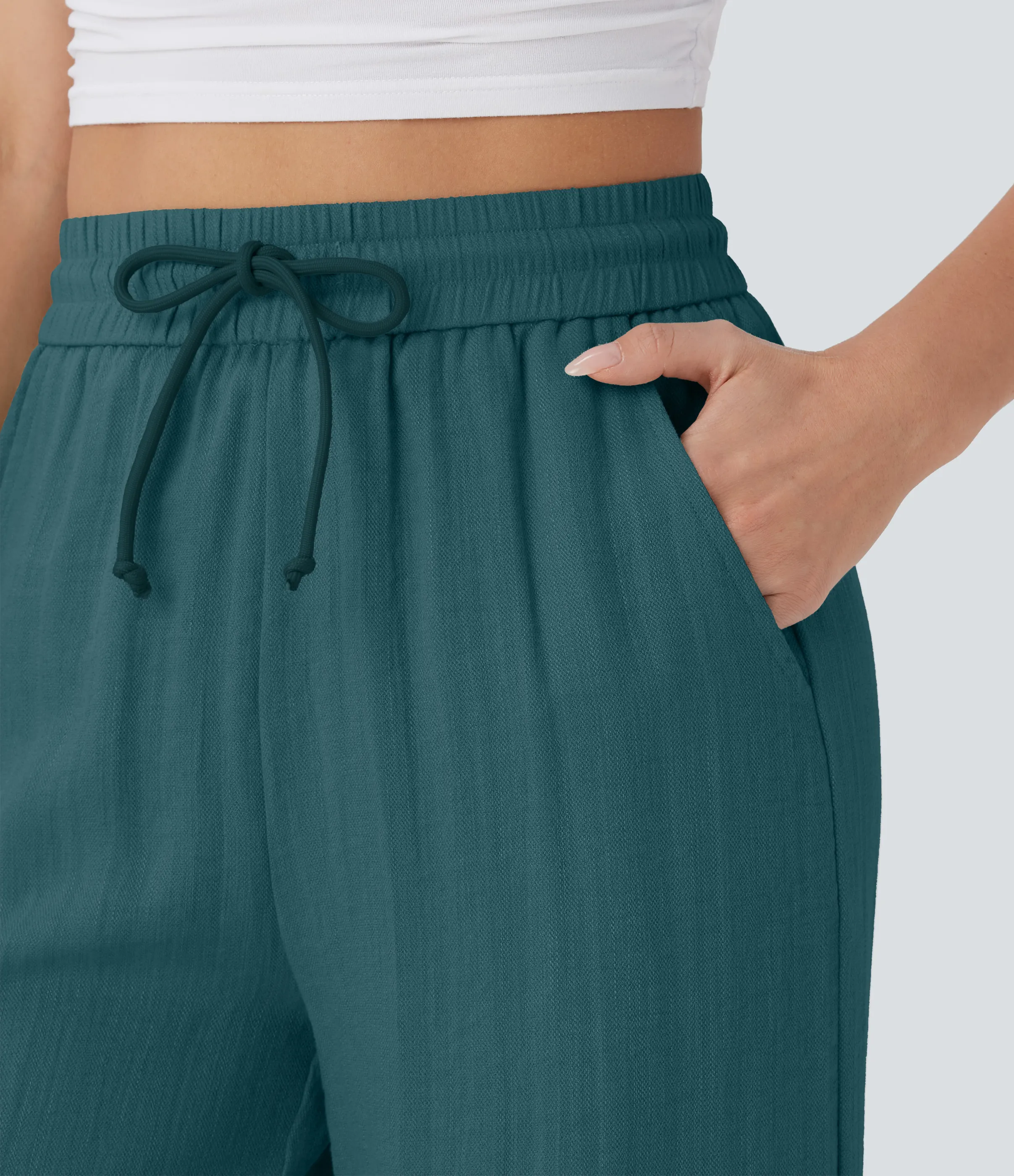Halara Pantalón lino tiro alto cordón ajustable bolsillo lateral pierna ancha - Atlantic Deep - S(extall) sold by Halara product image thumbnail 5