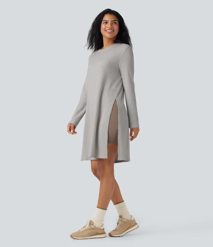 Halara Round Neck Long Sleeve Longline Waffle Knit Casual Sweatshirt - Wind Chime - L made by Halara