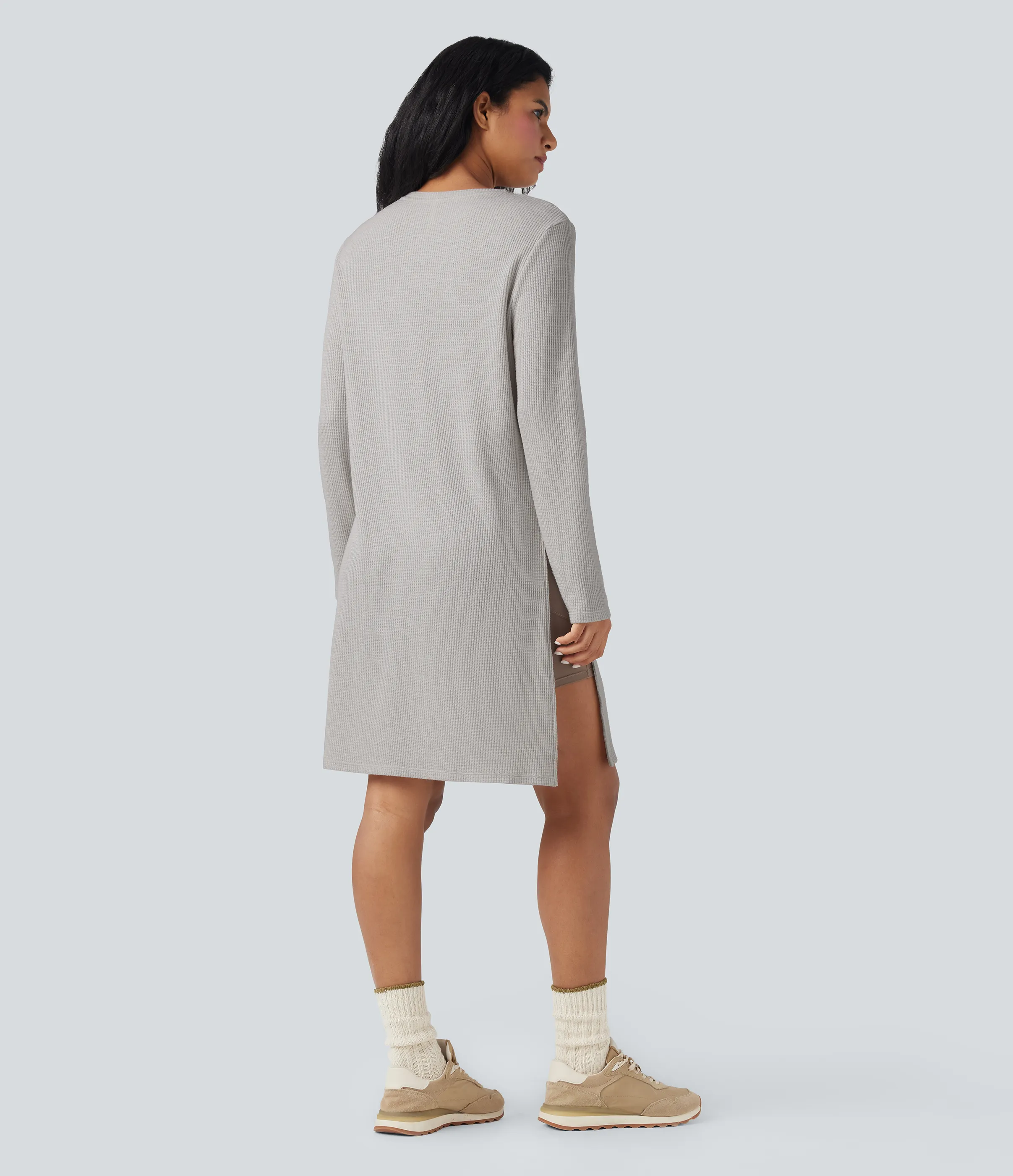 Halara Round Neck Long Sleeve Longline Waffle Knit Casual Sweatshirt - Wind Chime - L sold by Halara product image thumbnail 3