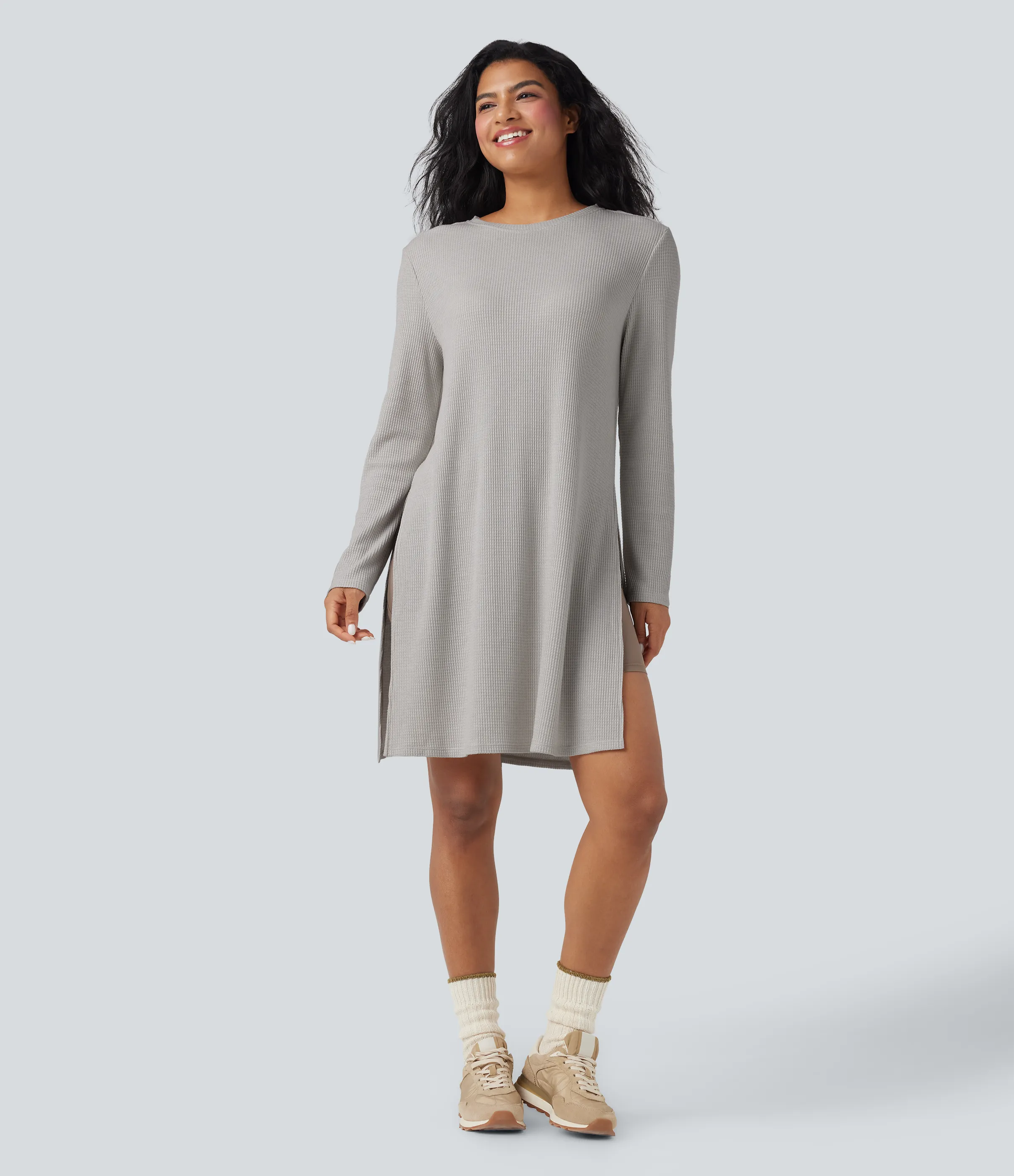 Halara Round Neck Long Sleeve Longline Waffle Knit Casual Sweatshirt - Wind Chime - L sold by Halara product image thumbnail 4
