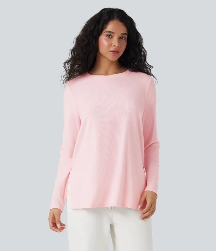 Halara Camiseta casual de punto acanalado con manga larga y dobladillo dividido - Rose Haze Pink - XL made by Halara