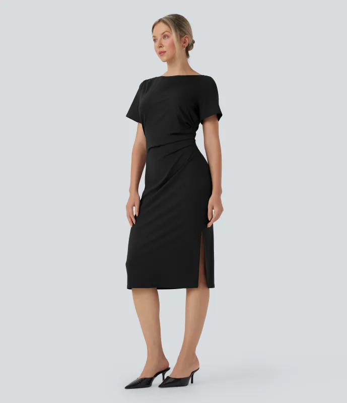 Halara Vestido de oficina midi de manga corta con fruncido - Black - XL made by Halara