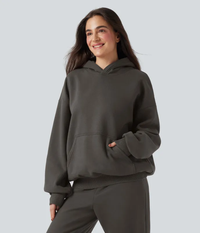 Halara Sudadera casual de algodón polar de manga larga con capucha y bolsillos - Black Olive - L made by Halara
