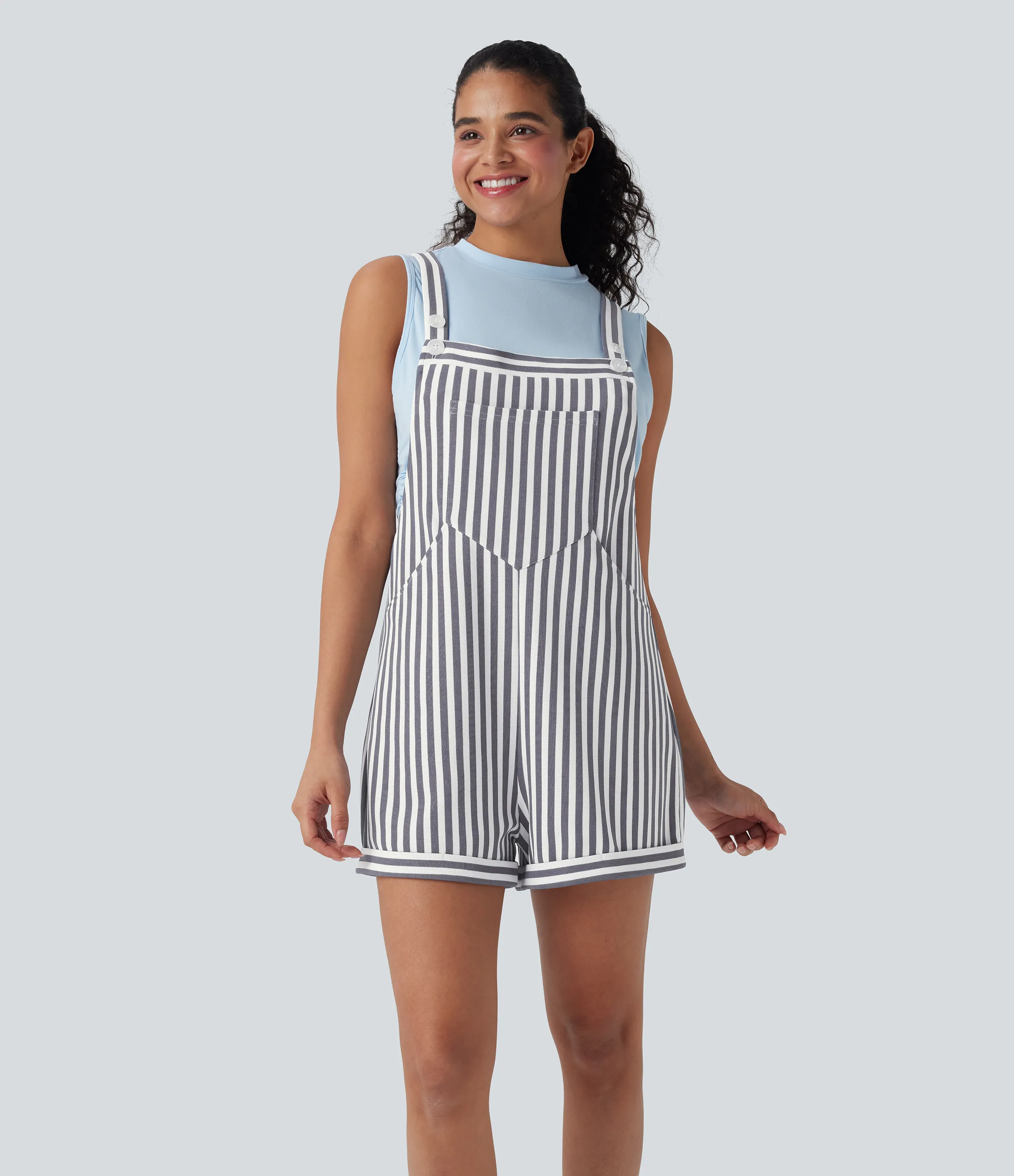 Halara Overol resort gofre raya múltiple bolsillo botón correa ajustable - Stone Stripe - XL sold by Halara product image thumbnail 2