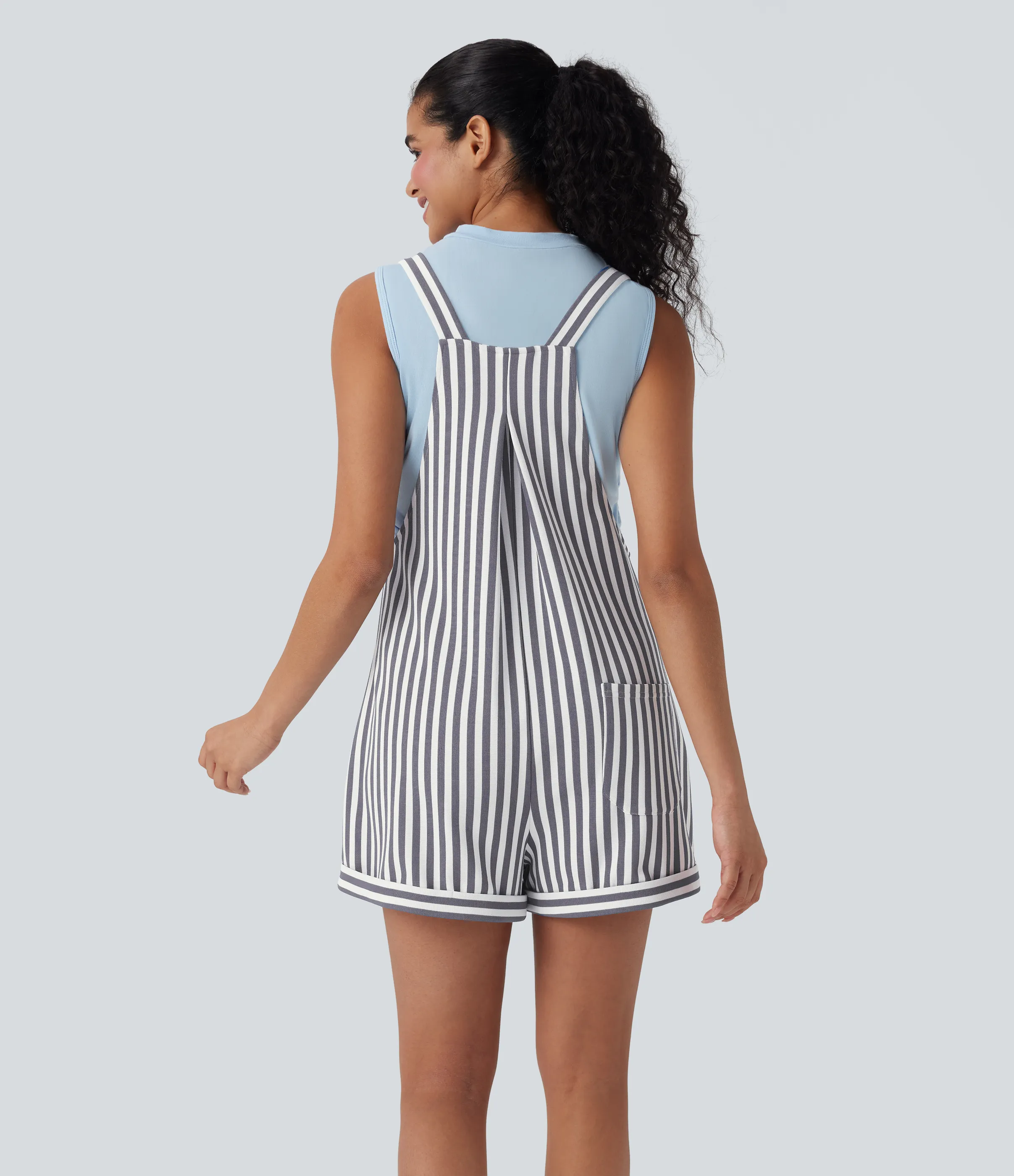 Halara Overol resort gofre raya múltiple bolsillo botón correa ajustable - Stone Stripe - XL sold by Halara product image thumbnail 3