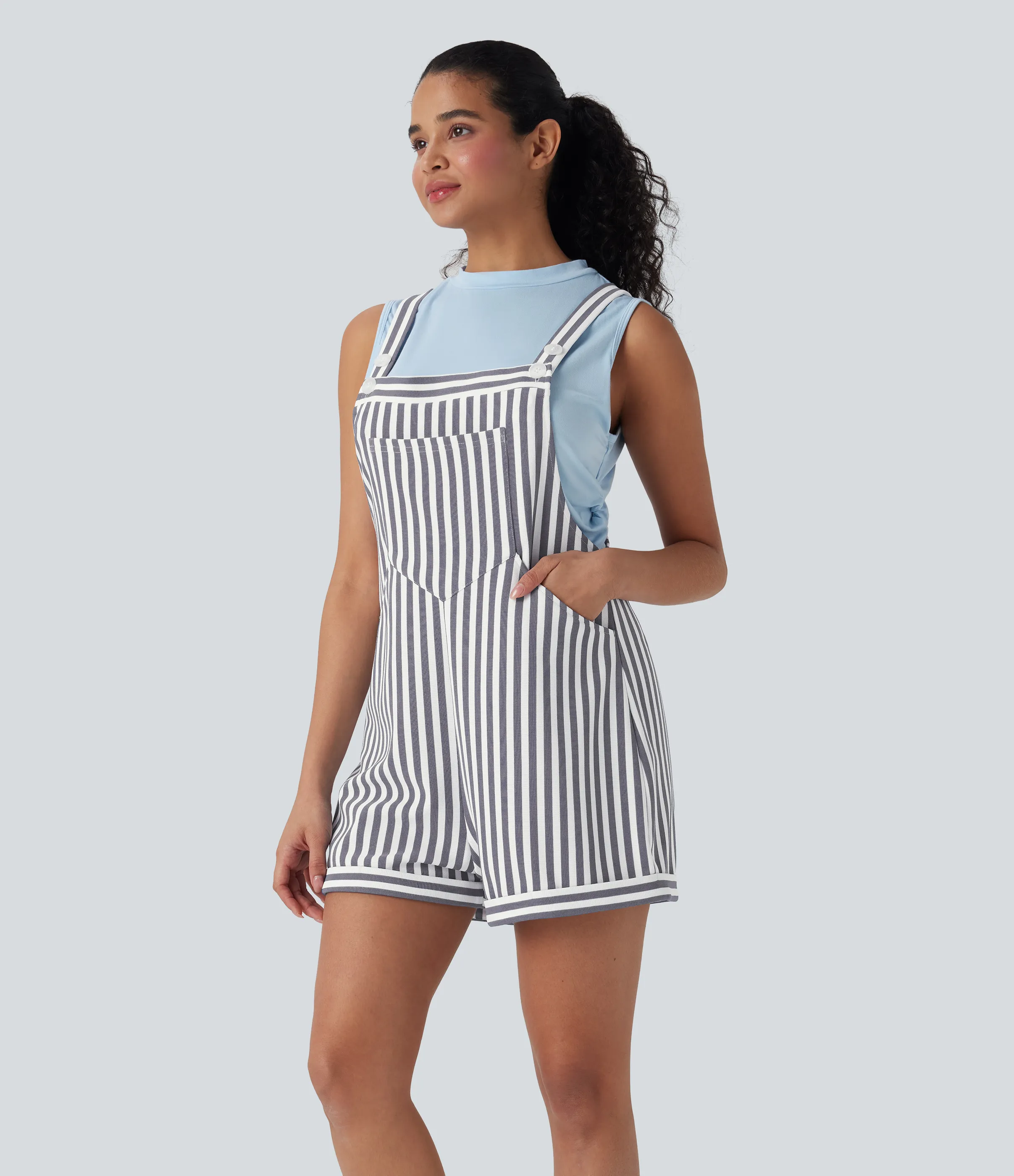 Halara Overol resort gofre raya múltiple bolsillo botón correa ajustable - Stone Stripe - XL sold by Halara product image thumbnail 4