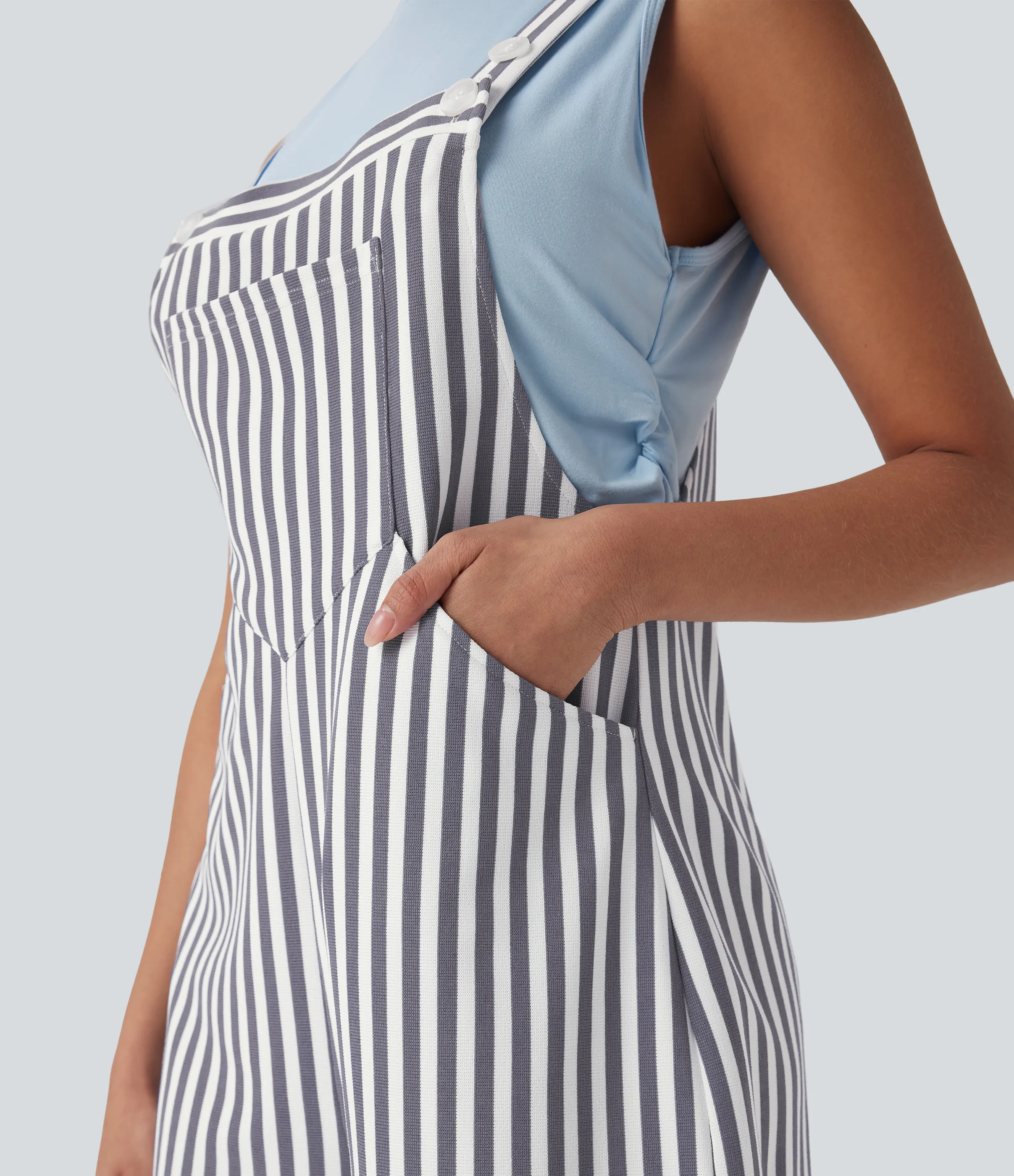 Halara Overol resort gofre raya múltiple bolsillo botón correa ajustable - Stone Stripe - XL sold by Halara product image thumbnail 5