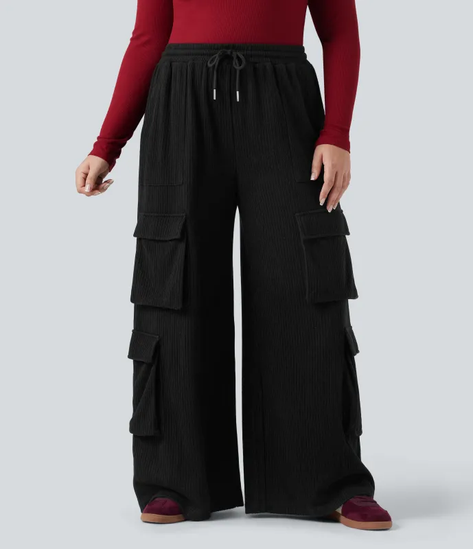 Halara Pantalones cargo casuales anchos acanalados de tiro medio con bolsillos y cordón en tallas grandes - Black - 1X(regular) made by Halara