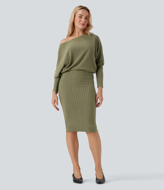 Halara Vestido casual midi ajustado de punto acanalado con hombros descubiertos y manga larga de murciƩlago - Moss Green Floral Velvet - XS made by Halara