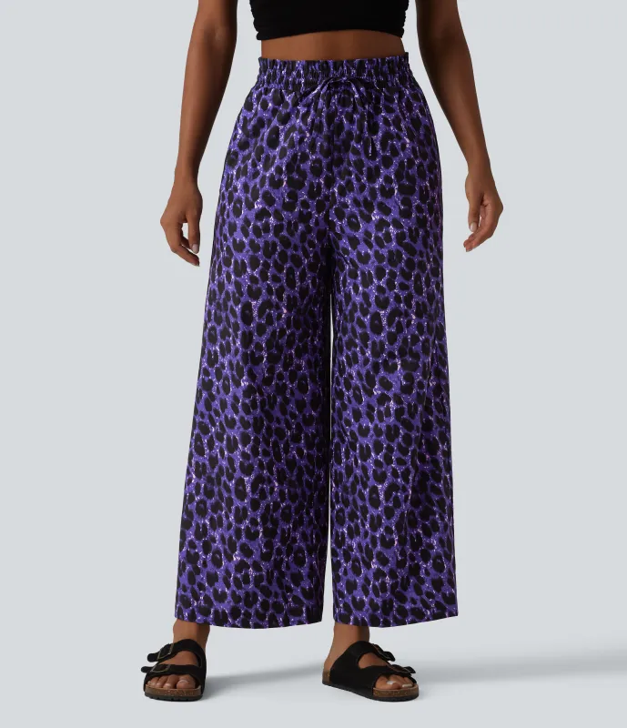 Halara Pantalón pierna ancha estampado leopardo bolsillo lateral cordón tiro alto - Vibrant Violet Leopard - M(regular) made by Halara