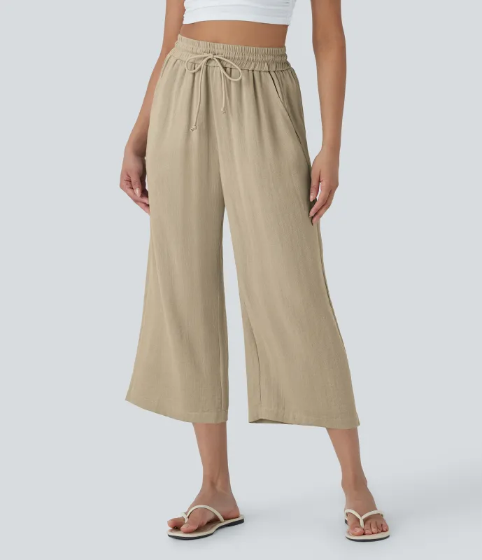 Halara Pantalón lino tiro alto cordón ajustable pierna ancha bolsillo lateral - Fields of Rye - S(regular) made by Halara
