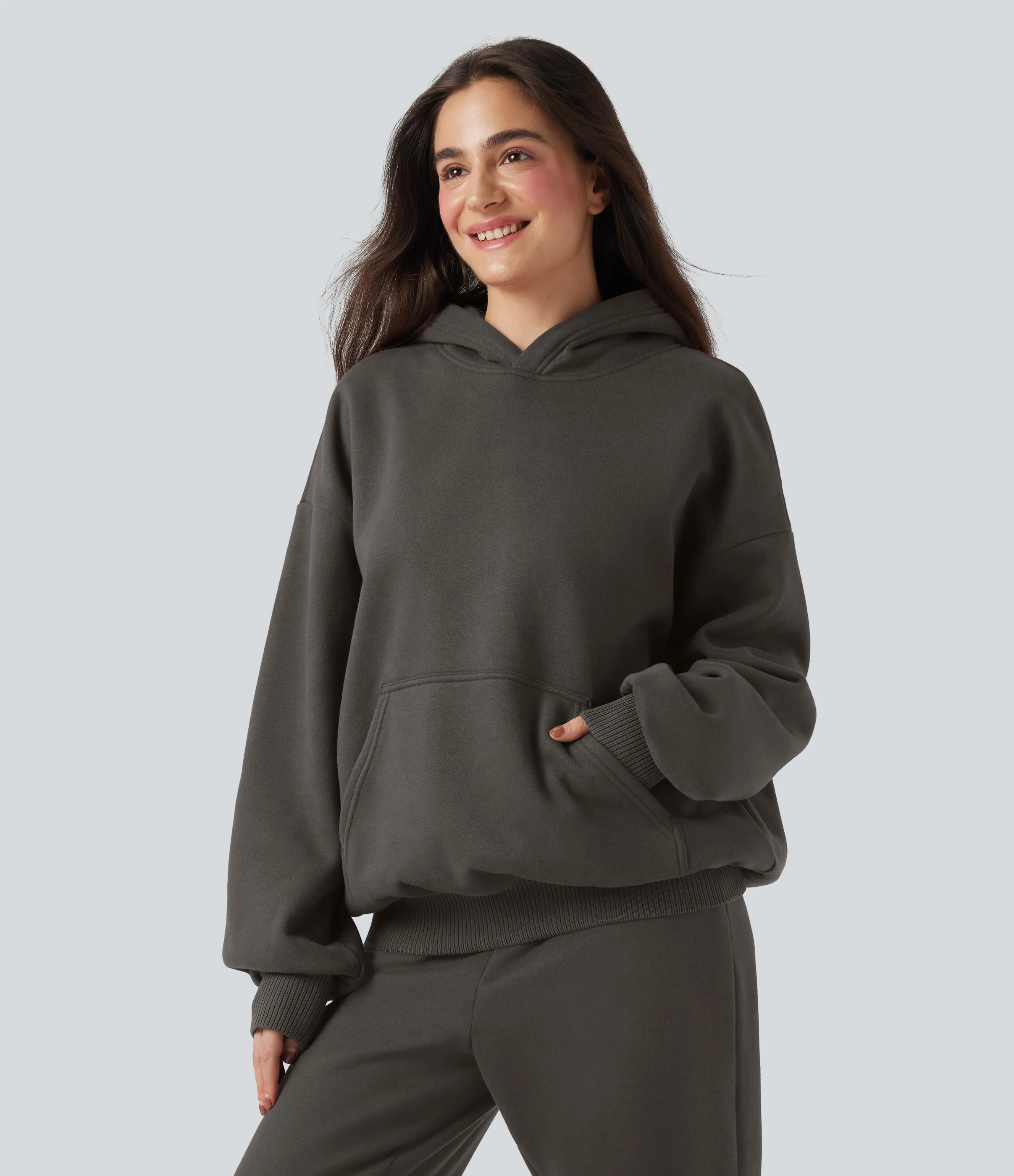 Halara Sudadera casual de algodón polar de manga larga con capucha y bolsillos - Black Olive - XS sold by Halara product image thumbnail 2