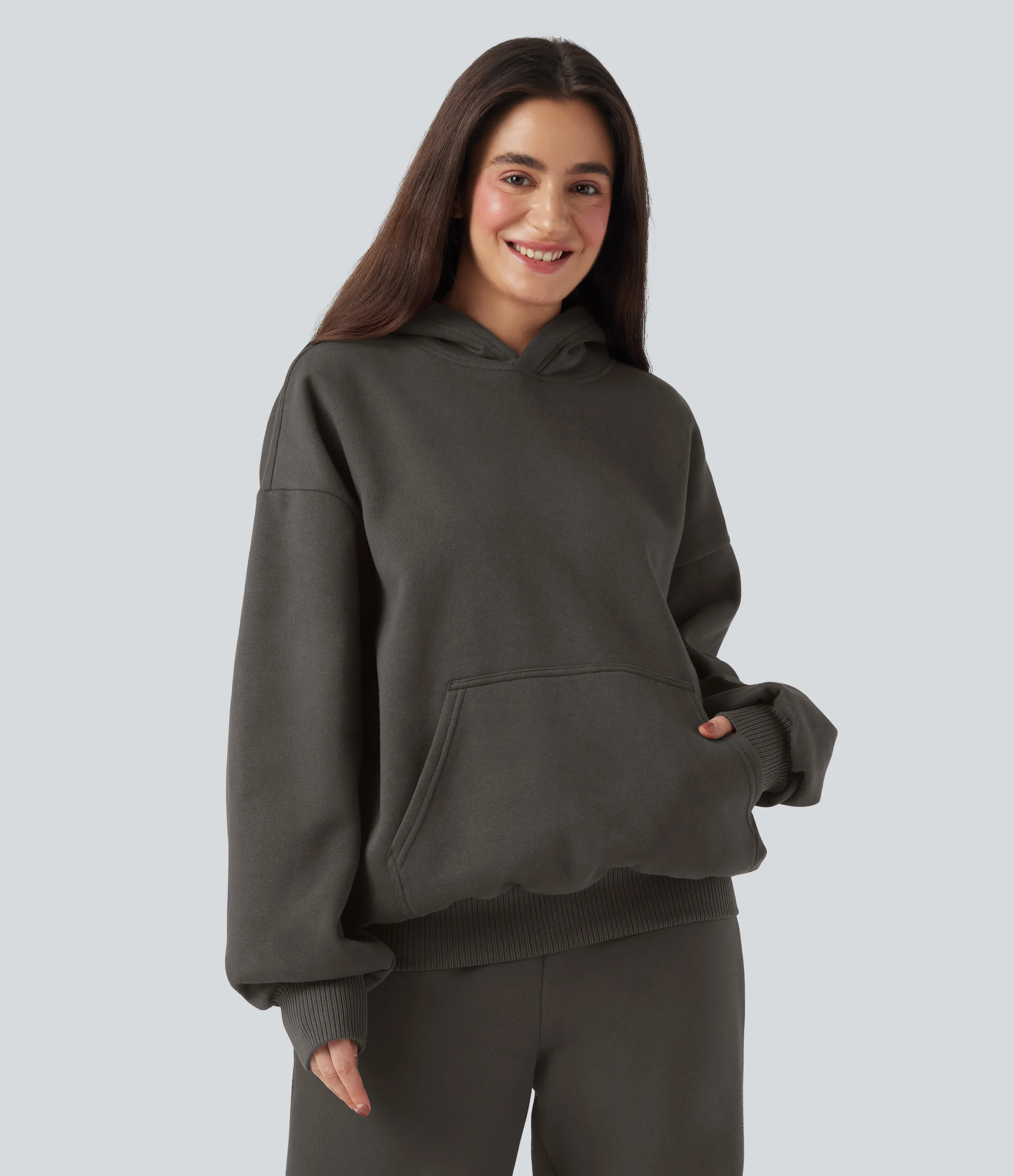 Halara Sudadera casual de algodón polar de manga larga con capucha y bolsillos - Black Olive - XS sold by Halara product image thumbnail 4