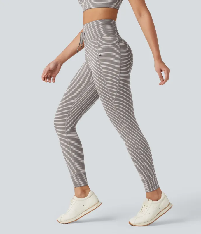 Halara Leggings de yoga de tiro alto a rayas con cordón y bolsillos - Stone Line Stripe - L(7/8) made by Halara