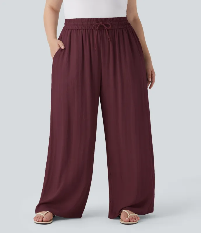 Halara Pantalón lino tiro alto cordón ajustable pierna ancha bolsillo talla grande - Zinfandel - 1X(tall) made by Halara