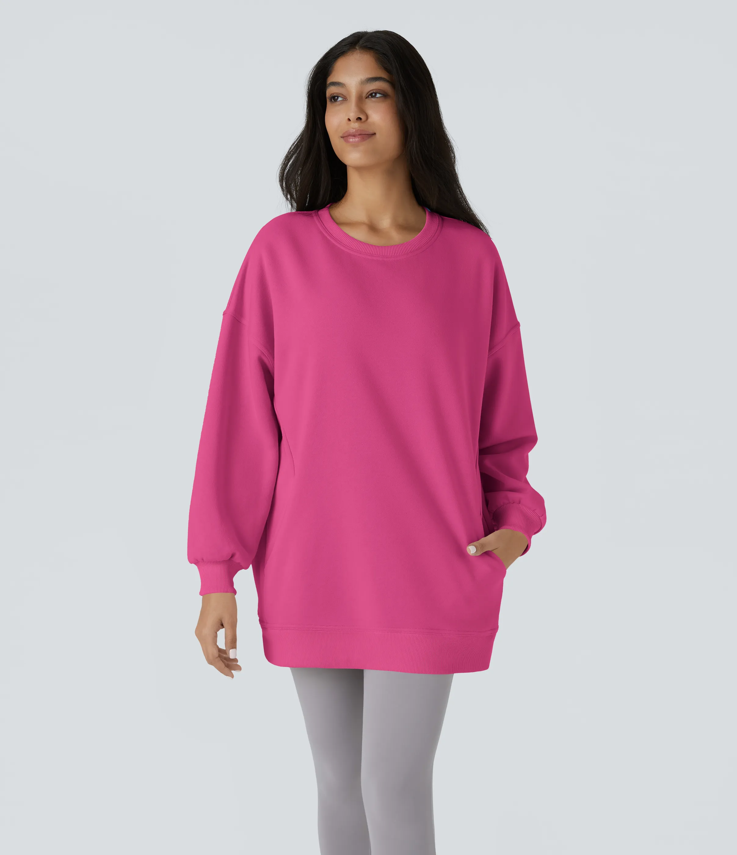 Halara Sudadera polar gran tamaño bolsillo lateral manga larga cuello redondo - Fuchsia Rose - XS sold by Halara product image thumbnail 3
