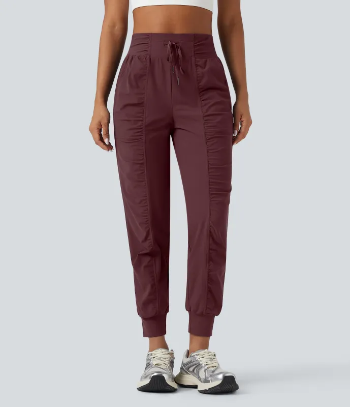 Halara Joggers de baile de tiro alto ajustado con fruncido de secado rápido y con bolsillos - Red Mahogany - L(petite) made by Halara