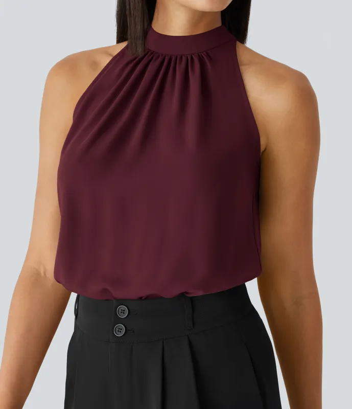 Halara Blusa oficina dobladillo curvado sin manga plisada abertura espalda halter - Crimson Brew - XS made by Halara
