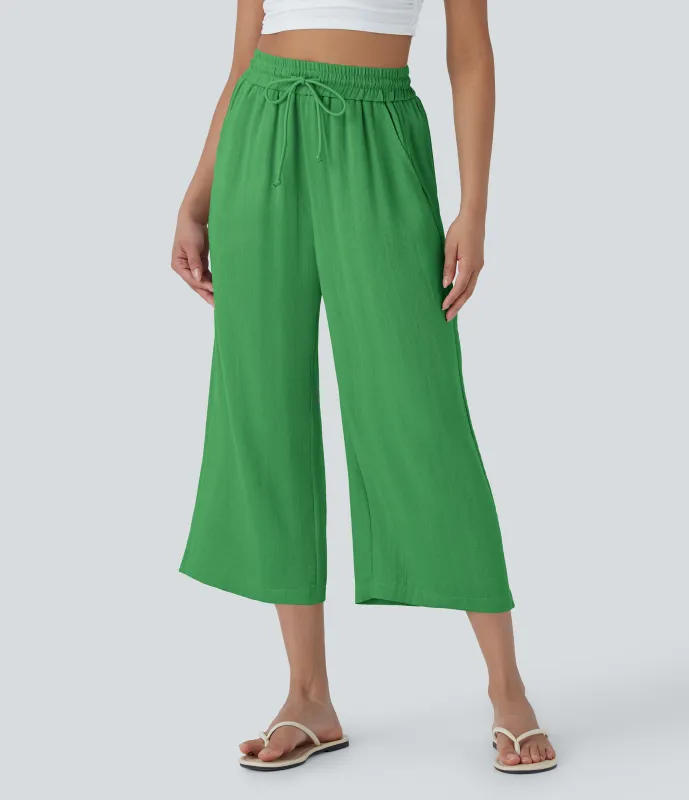 Halara Pantalón lino tiro alto cordón ajustable pierna ancha bolsillo lateral - Kelly Green - XL(regular) made by Halara