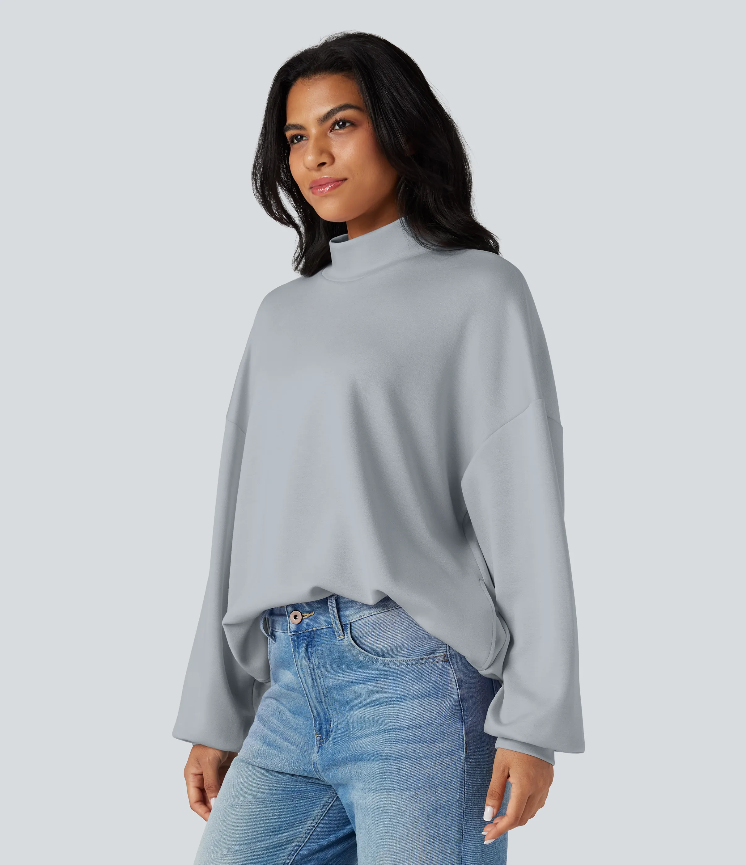 Halara Sudadera casual holgada de cuello alto con bolsillos - Pearl Blue - M sold by Halara product image thumbnail 4