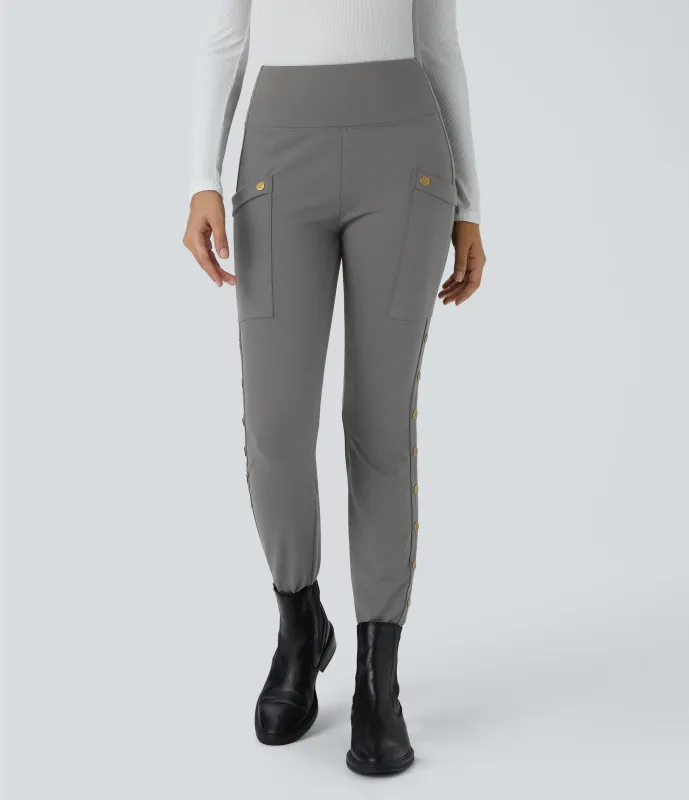 Halara Pantalón ajustado hasta tobillo bolsillo lateral botón decorativo tiro alto - Silent Storm - S(regular) made by Halara