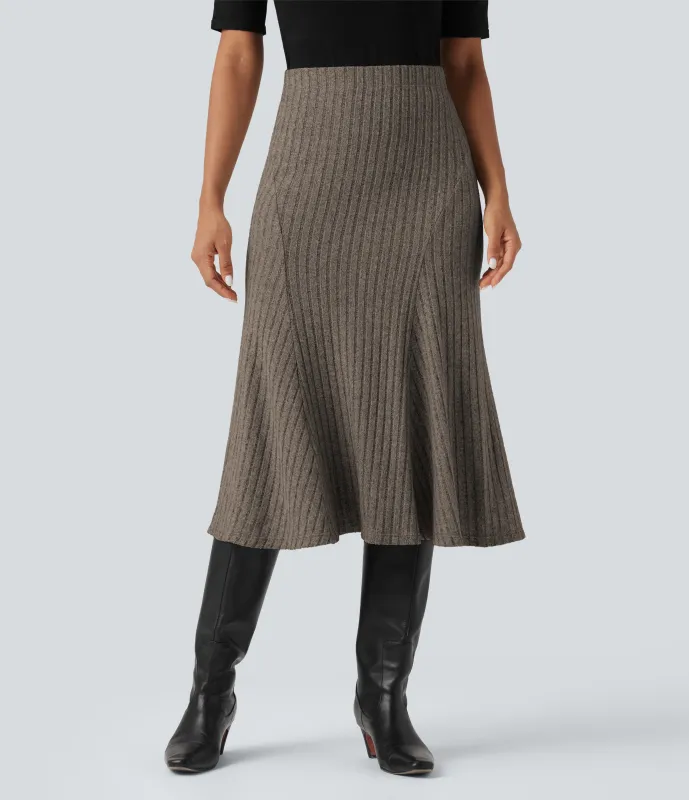 Halara Falda midi casual de tiro alto con corte A y punto acanalado - Mottled Wood Brown - M(regular) made by Halara