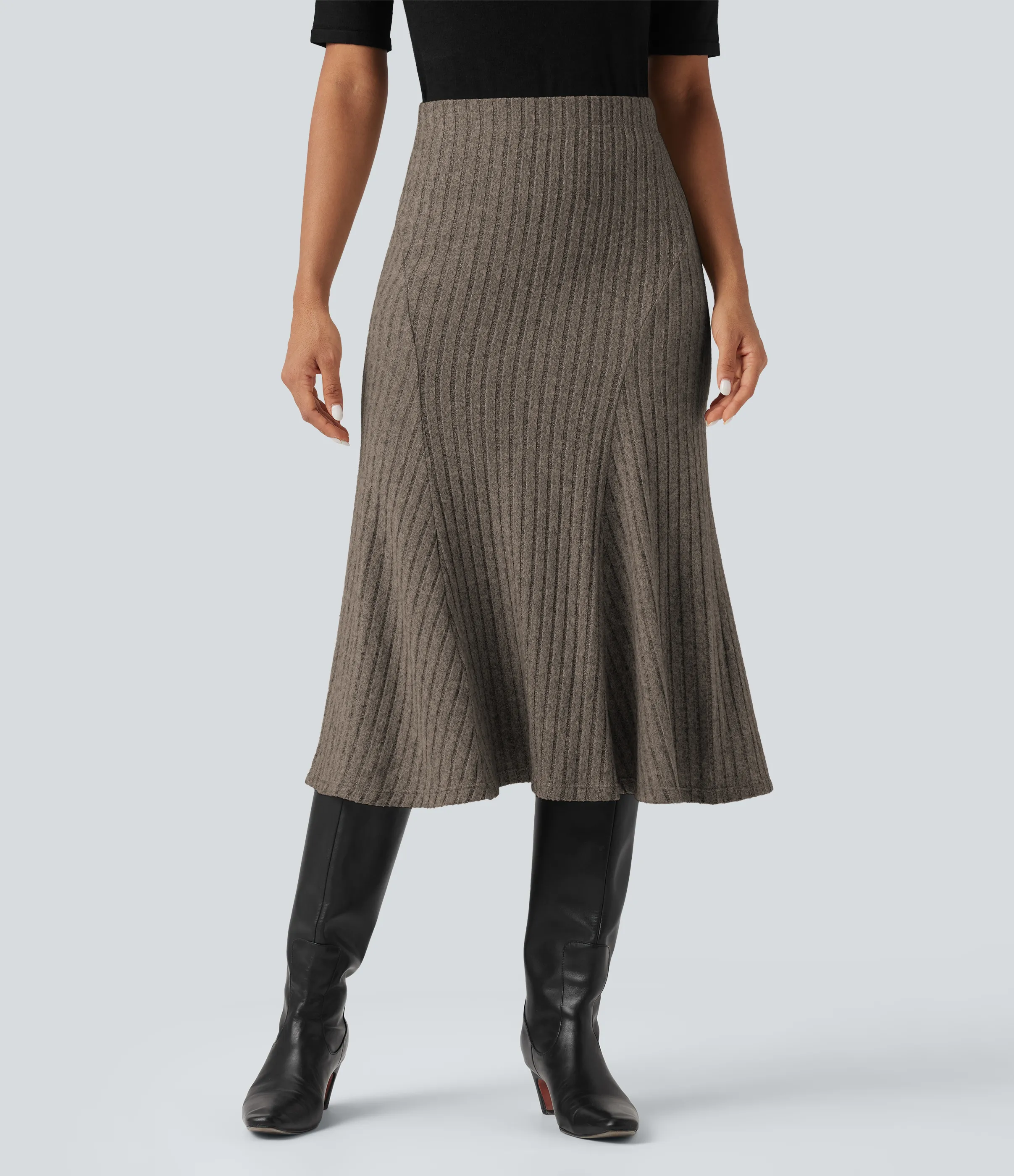 Halara Falda midi casual de tiro alto con corte A y punto acanalado - Mottled Wood Brown - M(regular) sold by Halara product image thumbnail 2