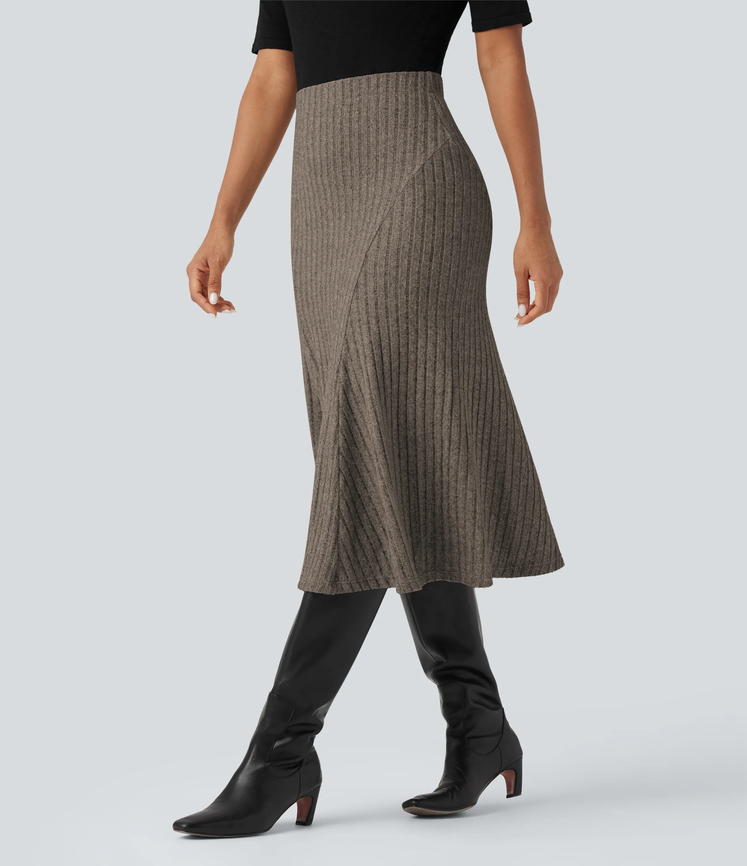 Halara Falda midi casual de tiro alto con corte A y punto acanalado - Mottled Wood Brown - M(regular) sold by Halara product image thumbnail 4