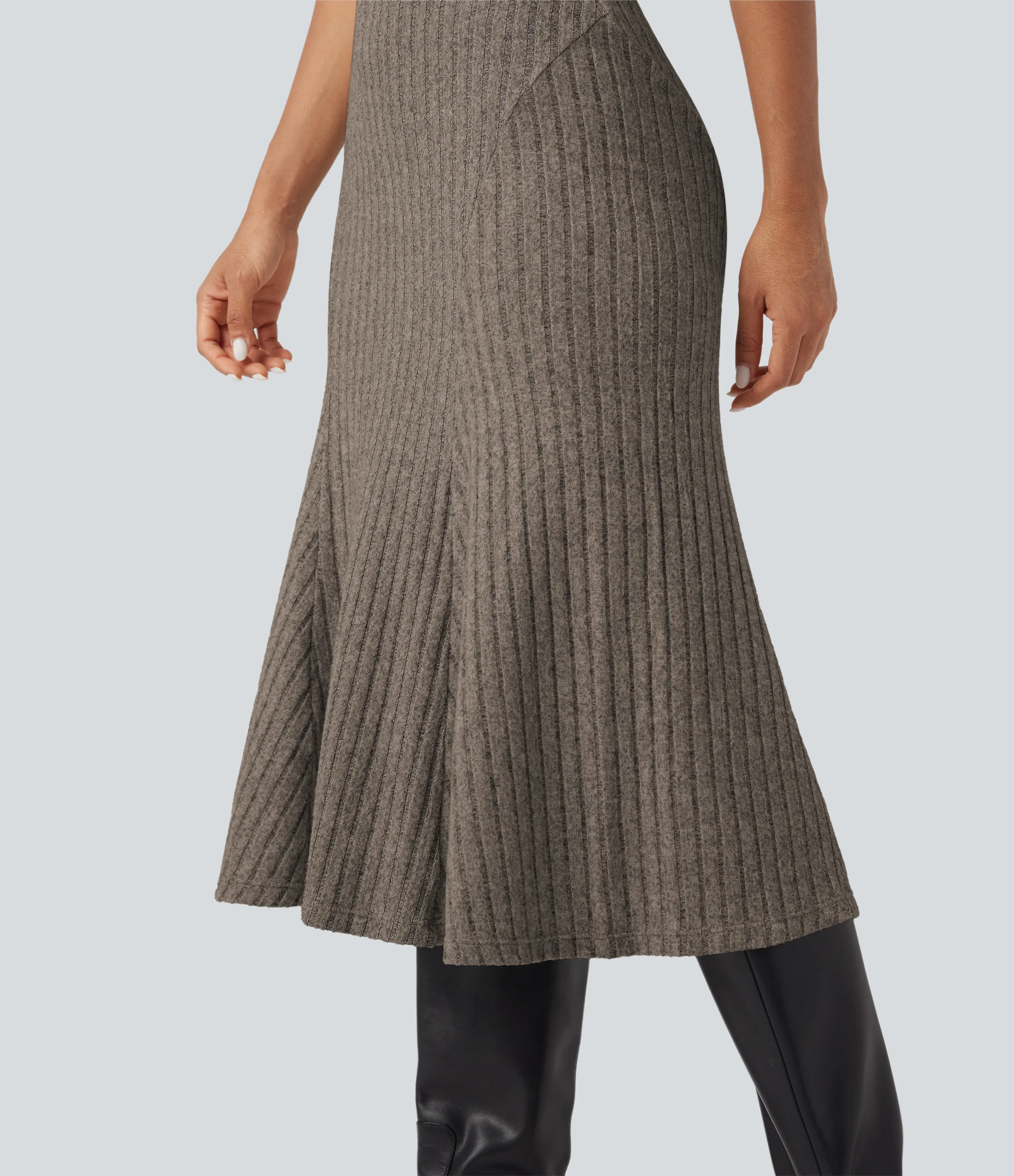 Halara Falda midi casual de tiro alto con corte A y punto acanalado - Mottled Wood Brown - M(regular) sold by Halara product image thumbnail 5