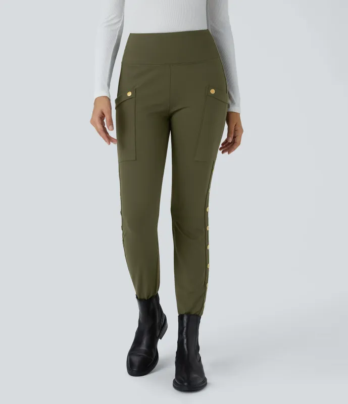 Halara Pantalón ajustado hasta tobillo bolsillo lateral botón decorativo tiro alto - Forest Night - XL(regular) made by Halara